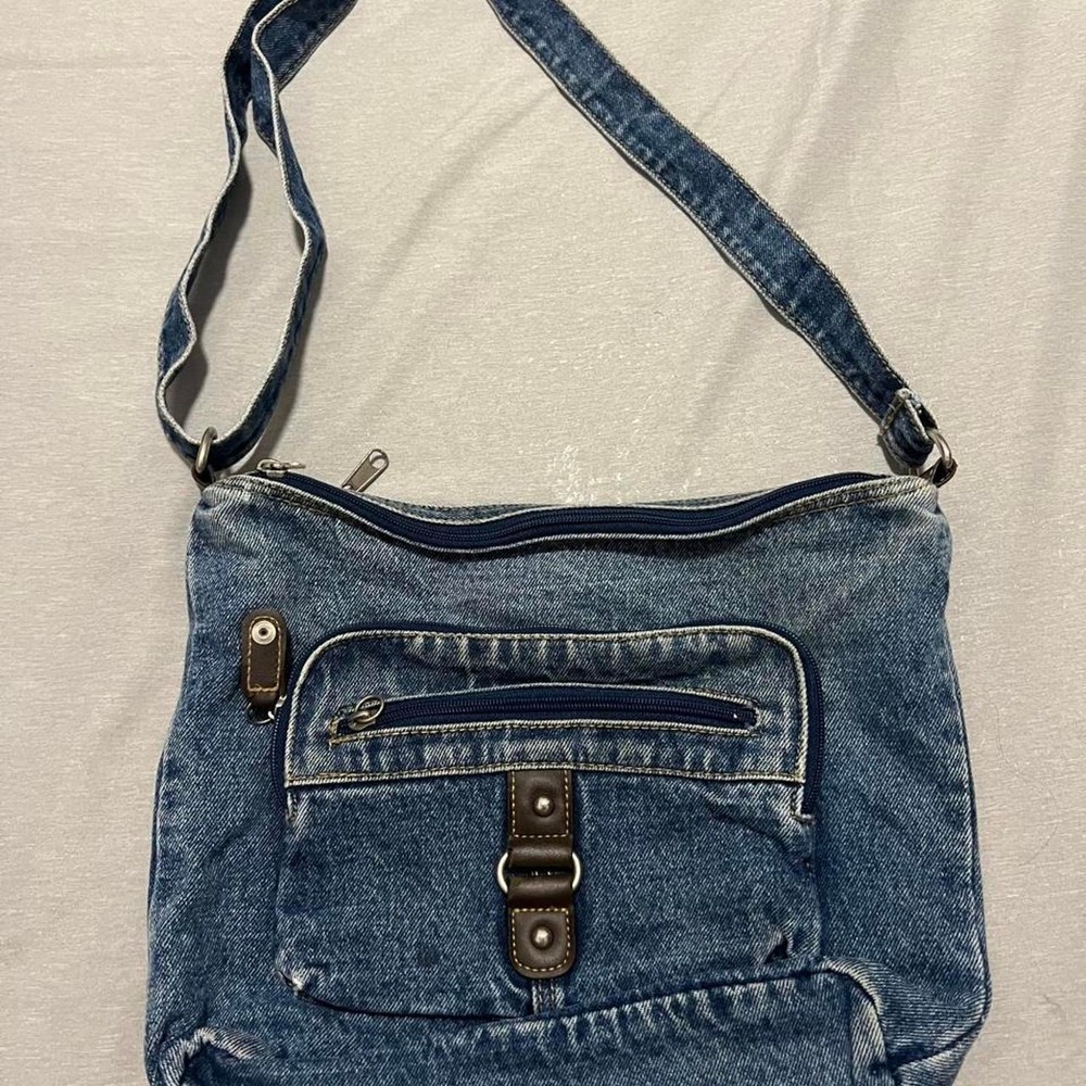 Vintage Denim Crossbody Shoulder Bag Y2K Blue Jean Purse Brown Faux Leather Trim